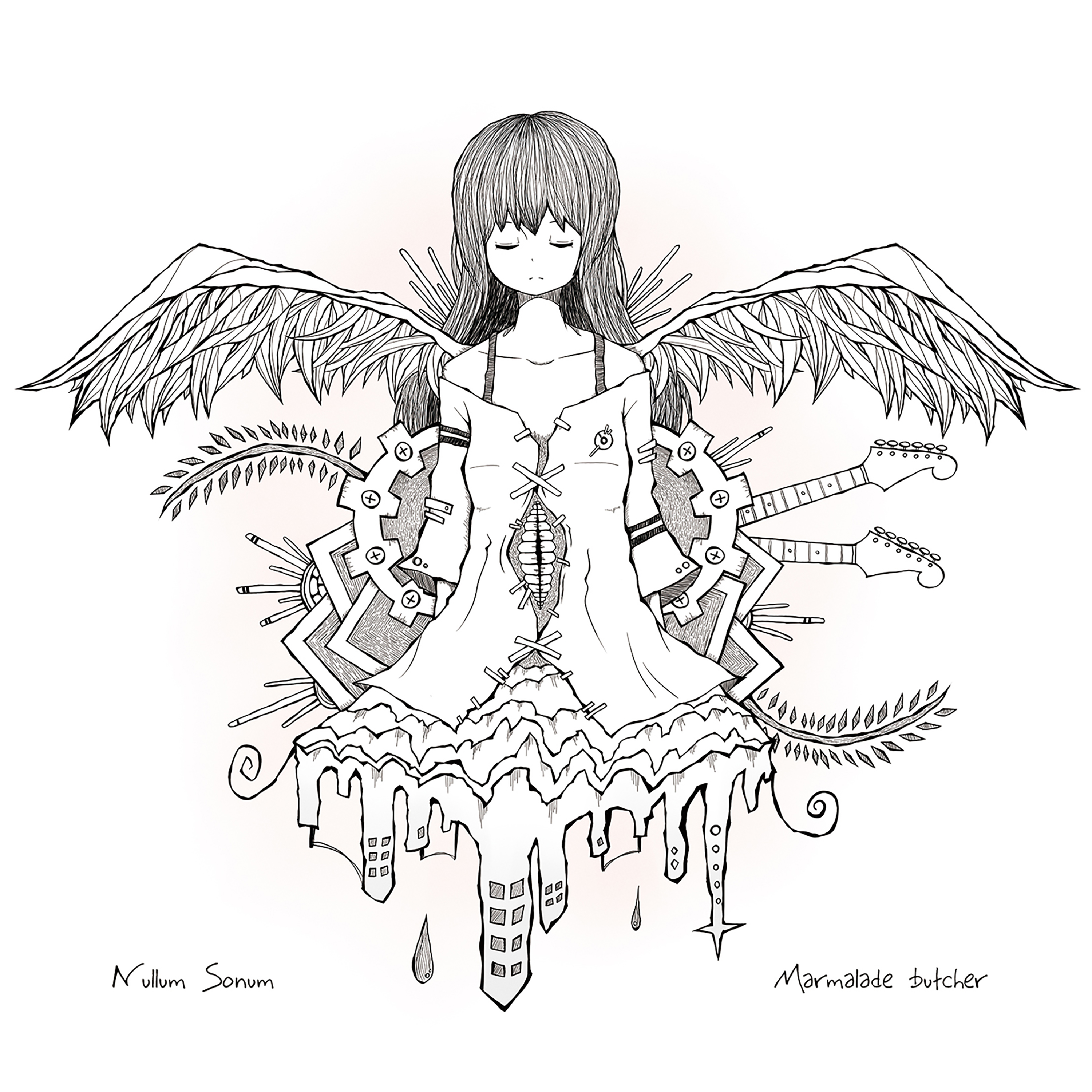 1girl abstract absurdres album_cover arms_behind_back artist_request bare_shoulders building closed_eyes collarbone copyright_name cover disembodied_mouth dissolving dot_nose dress facing_viewer frown gears greyscale guitar highres instrument long_hair long_sleeves marmalade_butcher_(band) melting monochrome official_art second-party_source skyscraper solo song_name split_mouth water_drop white_background wings