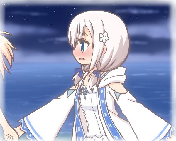 2girls ayano_rika bad_id bad_pixiv_id blonde_hair blue_eyes blue_sky blush border cloud commentary_request flower grey_hair hair_flower hair_ornament isuzu_ren isuzu_ren_(swimsuit_costume) long_hair long_sleeves looking_ahead magia_record:_mahou_shoujo_madoka_magica_gaiden mahou_shoujo_madoka_magica multiple_girls night night_sky ocean one-piece_swimsuit open_mouth out_of_frame outdoors reverse_(bluefencer) short_hair sky smile solo_focus star_(sky) swimsuit white_border white_one-piece_swimsuit