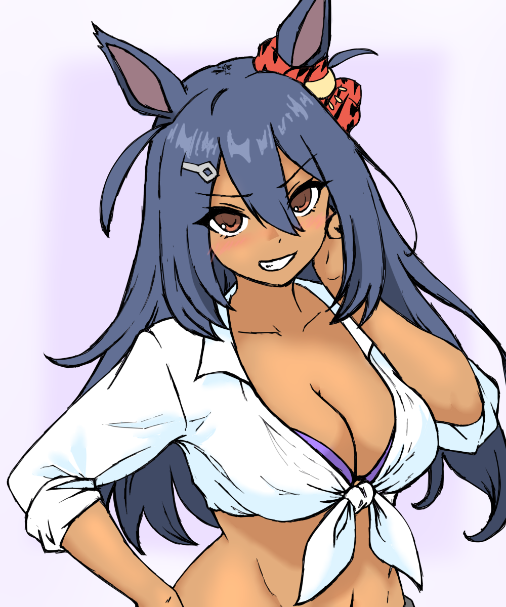 1girl alternate_costume alternate_eye_color amesuku_gyaru animal_ears black_hair blush bra breasts brown_eyes cleavage commentary_request dark-skinned_female dark_skin ear_ornament grin gyaru hair_between_eyes hair_ornament hairclip highres hishi_amazon_(umamusume) horse_ears horse_girl ichimisan kogal large_breasts long_hair looking_at_viewer navel purple_background purple_bra shirt simple_background sleeves_rolled_up smile solo stomach tied_shirt umamusume underwear upper_body v-shaped_eyebrows white_shirt