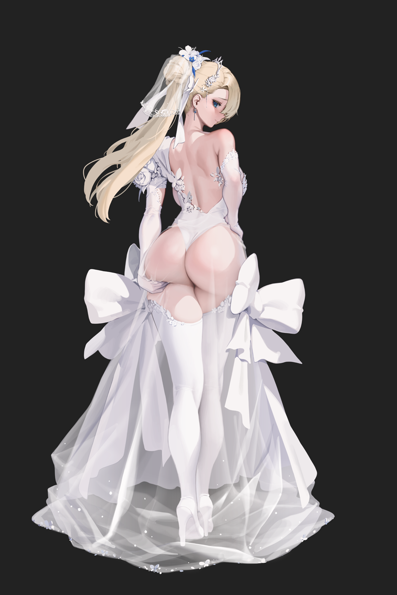1girl alternate_costume ass black_background blonde_hair blue_eyes brown_dust_(series) brown_dust_2 hand_on_own_ass highres huge_ass letdie1414 long_hair looking_at_viewer looking_back median_furrow merchandise_available profile shoulder_blades simple_background single_bare_shoulder solo wilhelmina_(brown_dust)