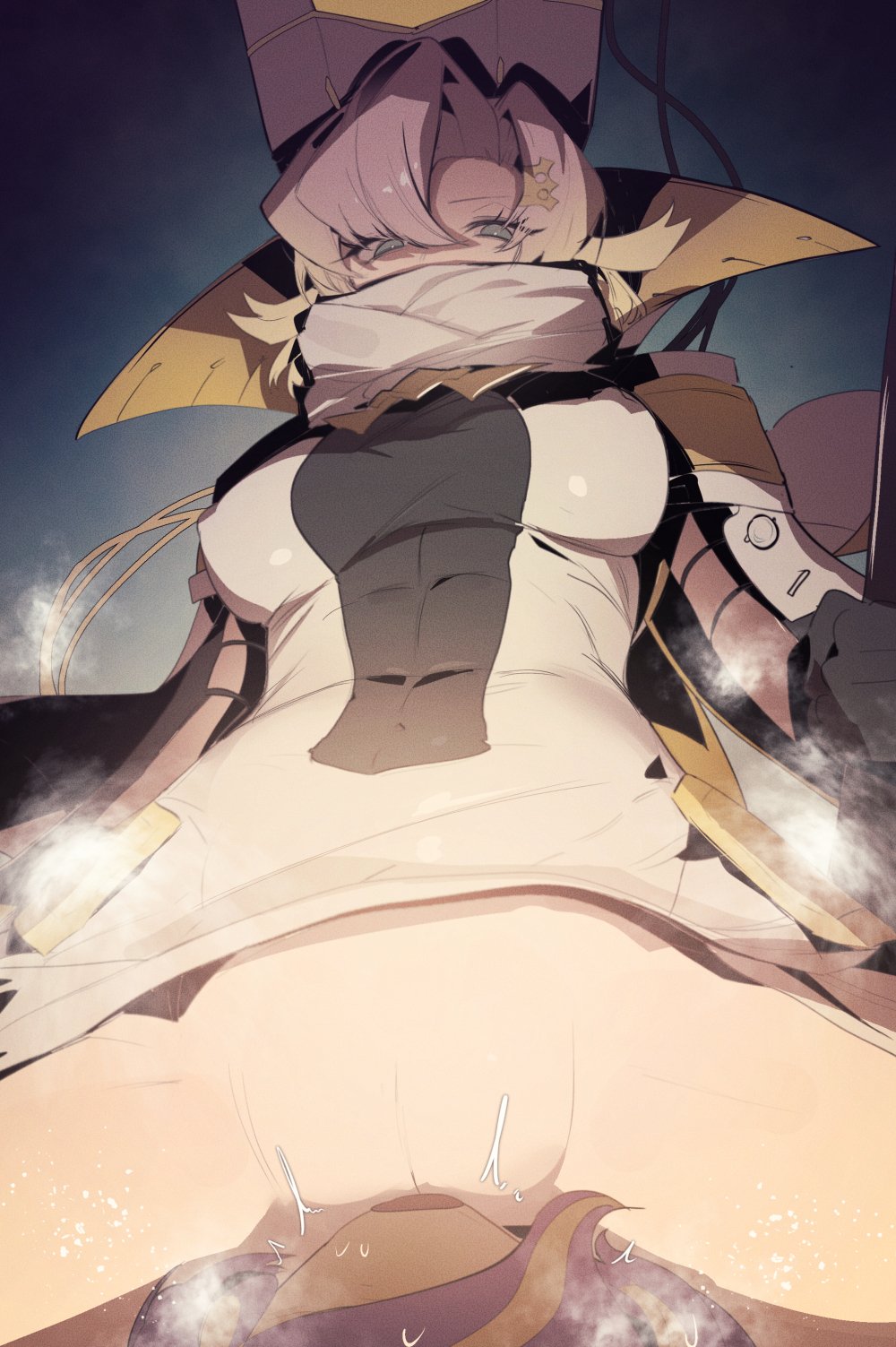 2girls breasts covered_erect_nipples dress duel_monster face_in_crotch grey_hair highres large_breasts long_hair multiple_girls ro_g_(oowack) solo solo_focus spread_legs surprised vanquish_soul_holy_sue vanquish_soul_pantera white_dress yu-gi-oh!