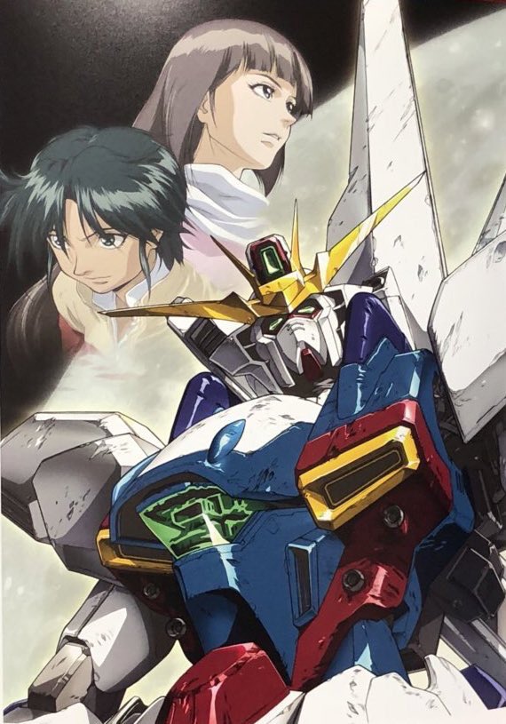 1boy 1girl after_war_gundam_x blue_eyes blue_hair brown_hair garrod_ran green_eyes gundam gundam_x head_tilt long_hair looking_up mecha mobile_suit parted_lips purple_eyes robot tam_(garakuta_kaizou_ningen) tiffa_adill upper_body v-fin