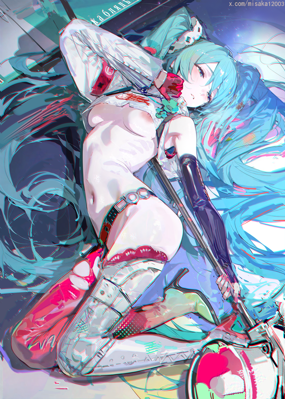 1girl aqua_eyes aqua_hair bare_shoulders blush boots breasts check_clothing chromatic_aberration clothes_lift clothing_request commentary fingernails gloves goodsmile_racing hand_up hatsune_miku heavy_chromatic_aberration high_heels highres holding light_blush long_hair looking_to_the_side lying medium_breasts misaka_12003-gou nail_polish navel nipples on_back paid_reward_available parted_lips pink_nails racing_miku racing_miku_(2025) red_gloves shirt shirt_lift single_glove single_thigh_boot solo stomach thigh_boots thighhighs thighhighs_under_boots thighs torn_clothes torn_thighhighs very_long_hair vocaloid white_boots white_shirt