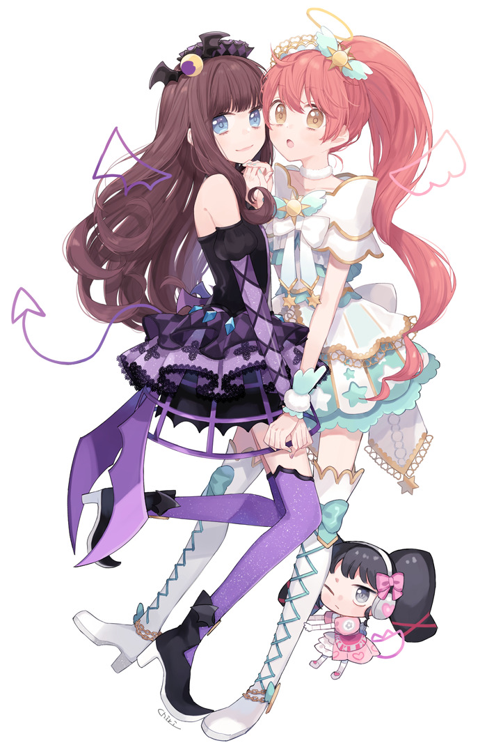 3girls :o black_footwear black_hair blue_eyes boots brown_hair chiri_(ch!) crescent demon_tail drawn_halo drawn_tail drawn_wings dress gaaruru_(pripara) gold_trim halo hand_up headphones high_heel_boots high_heels holding_hands idol_clothes kurosu_aroma long_hair looking_at_another looking_at_viewer mini_person minigirl multiple_girls one_eye_closed open_mouth pink_dress ponytail pretty_series pripara purple_dress purple_thighhighs red_hair shiratama_mikan sidelocks smile standing star_(symbol) sun_symbol tail thigh_boots thighhighs twintails very_long_hair white_background white_dress white_footwear yellow_eyes