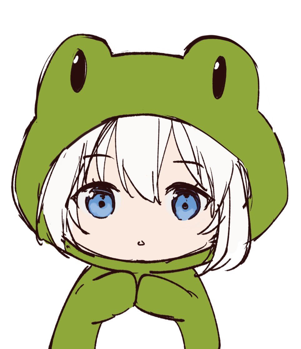 1girl animal_costume animal_hood blue_eyes chibi commentary_request frog_costume frog_hood grey_hair hair_between_eyes hood hood_up looking_at_viewer mochizuki_shiina original parted_lips simple_background solo upper_body white_background