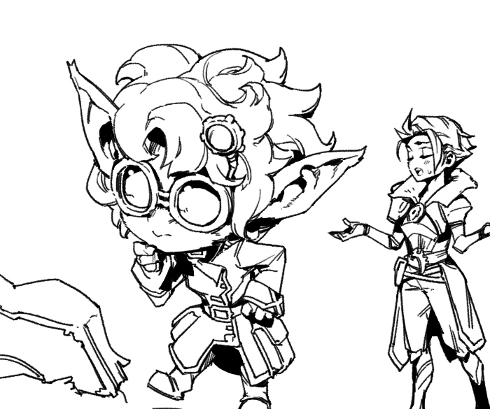 :o belt blush book closed_eyes closed_mouth coat genderswap genderswap_(mtf) goggles greyscale hair_ornament heimerdinger jayce_(league_of_legends) league_of_legends long_sleeves monochrome open_book open_mouth pants phantom_ix_row pointy_ears short_hair standing sweatdrop yordle