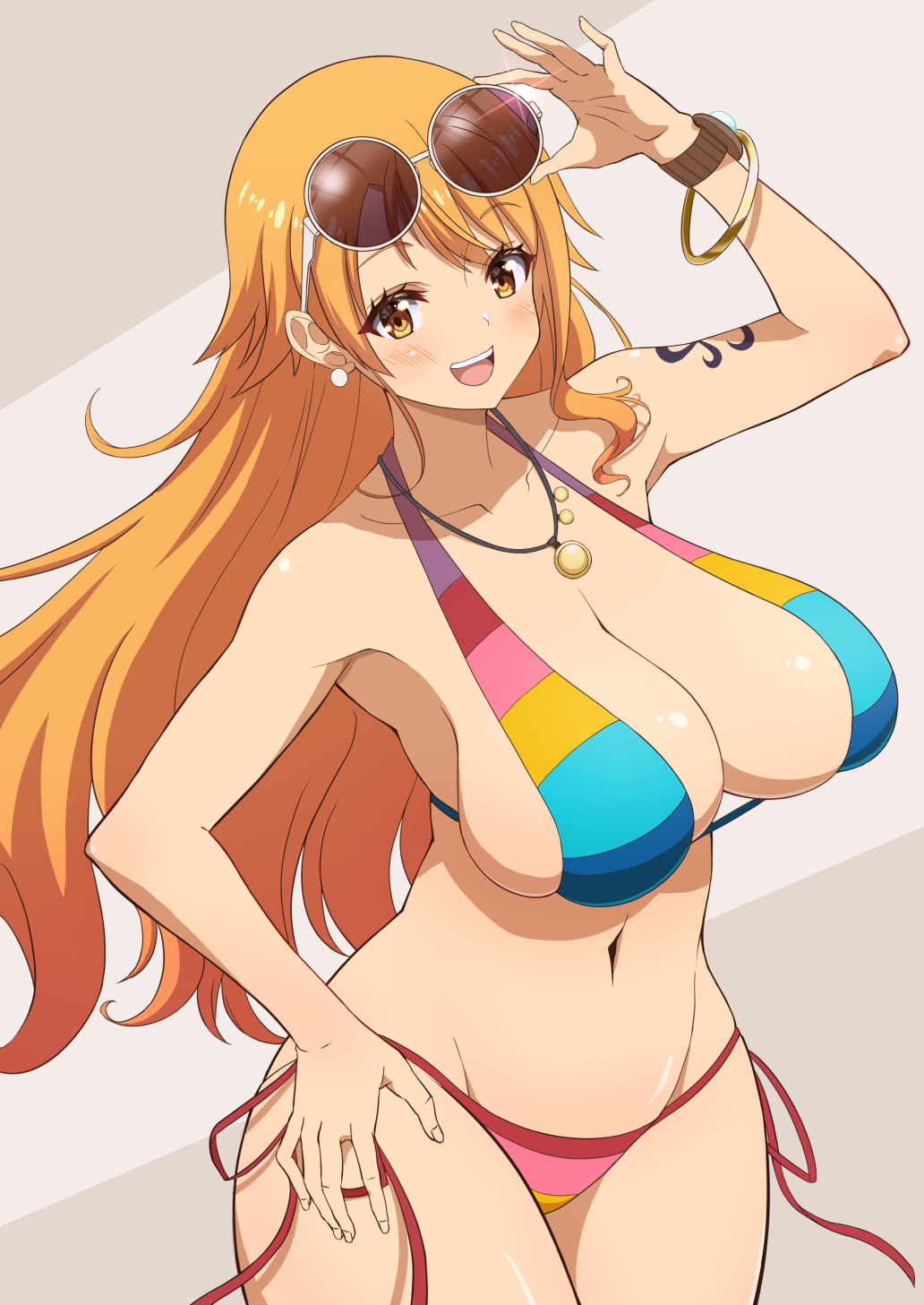 1girl arm_up armpit_peek bangle bare_shoulders bikini blush bracelet breasts brown-tinted_eyewear brown_eyes cleavage collarbone cowboy_shot earrings eyewear_on_head halterneck hand_on_own_hip highres holding holding_removed_eyewear jewelry kojirou! large_breasts log_pose long_hair looking_at_viewer multicolored_bikini nami_(one_piece) navel necklace official_alternate_costume one_piece one_piece_film:_z open_mouth orange_hair pearl_earrings shoulder_tattoo side-tie_bikini_bottom single_sidelock smile solo stomach sunglasses swimsuit tattoo teeth tinted_eyewear unworn_eyewear upper_teeth_only wavy_hair white-framed_eyewear