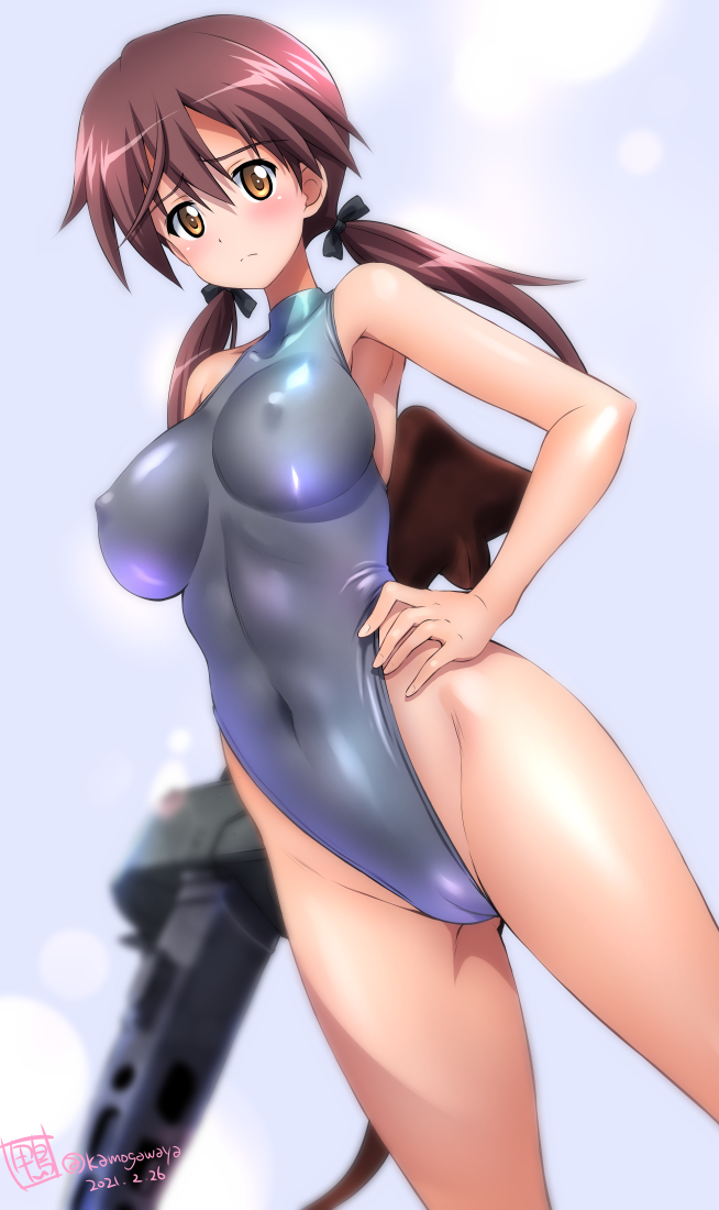 1girl bare_shoulders blush breasts brown_eyes brown_hair cameltoe collarbone covered_erect_nipples dated double-drum_magazine drum_magazine embarrassed frown gertrud_barkhorn grey_leotard gun hair_between_eyes hair_ribbon hand_on_own_hip high-capacity_magazine highleg highleg_leotard impossible_clothes impossible_leotard kamogawa_tanuki large_breasts leotard long_hair looking_at_viewer machine_gun magazine_(weapon) mg42 nipples ribbon saddle-drum shiny_clothes signature solo strike_witches twintails twitter_username weapon world_witches_series
