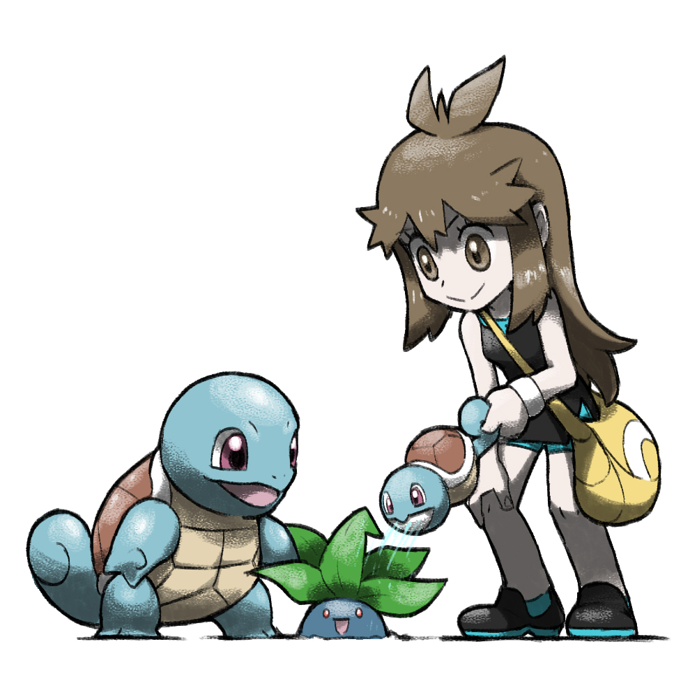 1girl :d black_dress black_footwear blacknirrow bracelet brown_eyes brown_hair closed_mouth dress eyelashes gen_1_pokemon green_(pokemon) holding holding_watering_can jewelry long_hair nintendo oddish open_mouth partially_buried pokemon pokemon_(creature) pokemon_lgpe purple_eyes red_eyes shoes simple_background sleeveless sleeveless_dress smile squirt_bottle_(pokemon) squirtle water watering_can white_background yellow_bag