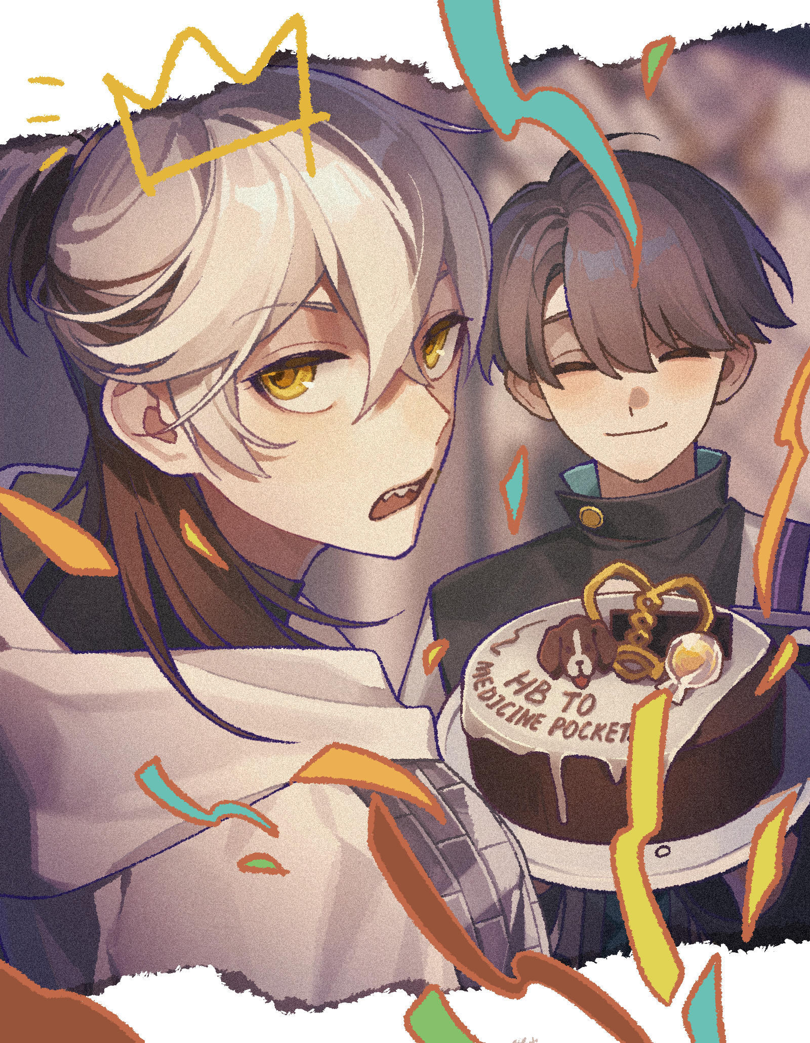 1boy 1other ^_^ birthday_cake blurry blurry_background border brown_hair cake calamine_black closed_eyes closed_mouth coat colored_tips drawn_crown facing_viewer food from_side grey_coat grey_hair highres hofmann_knot holding holding_cake holding_food hood hood_down hooded_coat looking_at_viewer medicine_pocket multicolored_hair open_mouth reverse:1999 sharp_teeth short_hair smile streamers teeth transparent_border upper_body white_coat white_hair x_(reverse:1999) yellow_eyes