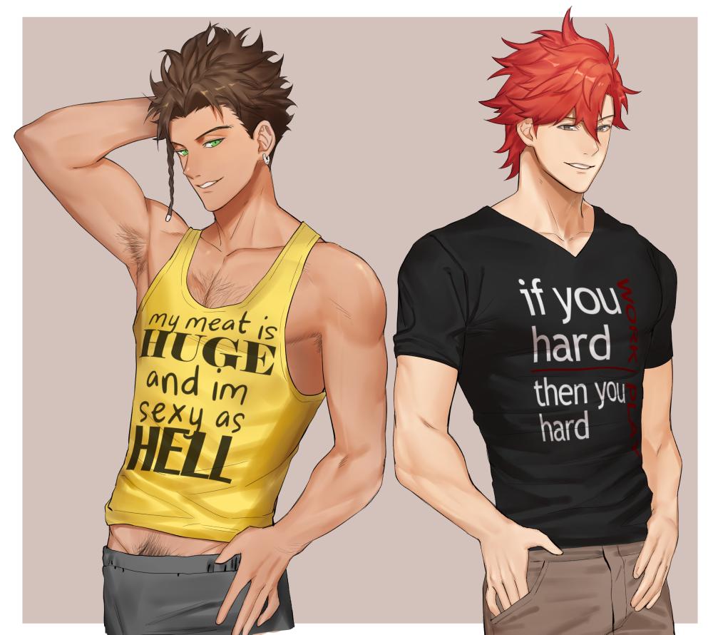 2boys arm_up armpit_hair armpits black_shirt braid brown_eyes brown_hair brown_pants claude_von_riegan clothes_writing dark-skinned_male dark_skin fire_emblem fire_emblem:_three_houses green_eyes grey_pants male_focus multiple_boys nintendo pants pubic_hair red_hair shirt short_hair smile sylvain_jose_gautier t-shirt tank_top teeth yellow_tank_top zhineart
