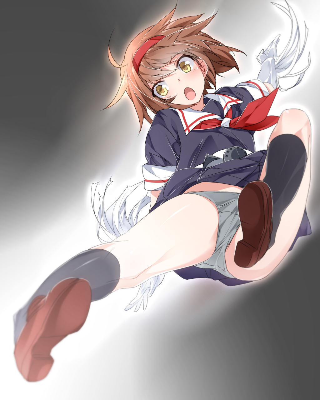 10s 1girl ahoge belt black_serafuku brown_hair commentary_request female_focus flying_kick gloves grey_panties hairband highres kamen_rider kamen_rider_super-1 kamen_rider_super-1_(series) kantai_collection kicking kneehighs loafers mtu_(orewamuzituda) open_mouth panties pantyshot red_hairband school_uniform serafuku shiratsuyu_(kancolle) shoes short_hair skirt socks solo underwear upskirt white_gloves yellow_eyes
