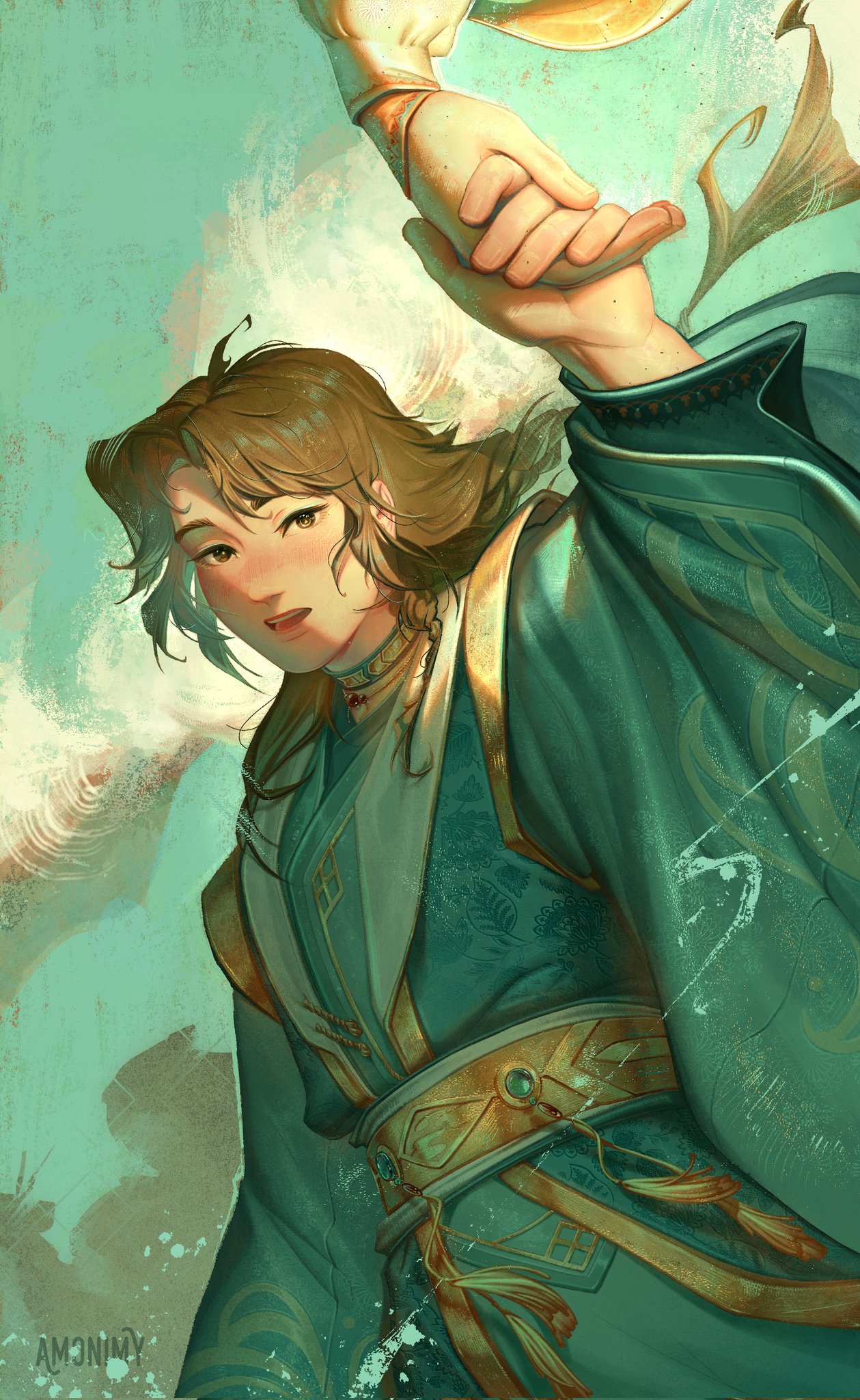 2boys amonimy artist_name belt brown_eyes brown_hair chinese_clothes cloud collar eyeliner gem gold_trim green_background green_collar green_eyeliner green_gemstone green_hanfu green_robe green_sky green_theme hanfu highres holding_hands jewelry long_hair long_sleeves looking_at_viewer makeup male_focus multiple_boys necklace open_mouth qi_rong red_gemstone robe sky standing tassel tianguan_cifu upper_body white_hanfu xie_lian xie_lian_(flower_crowned_martial_god)
