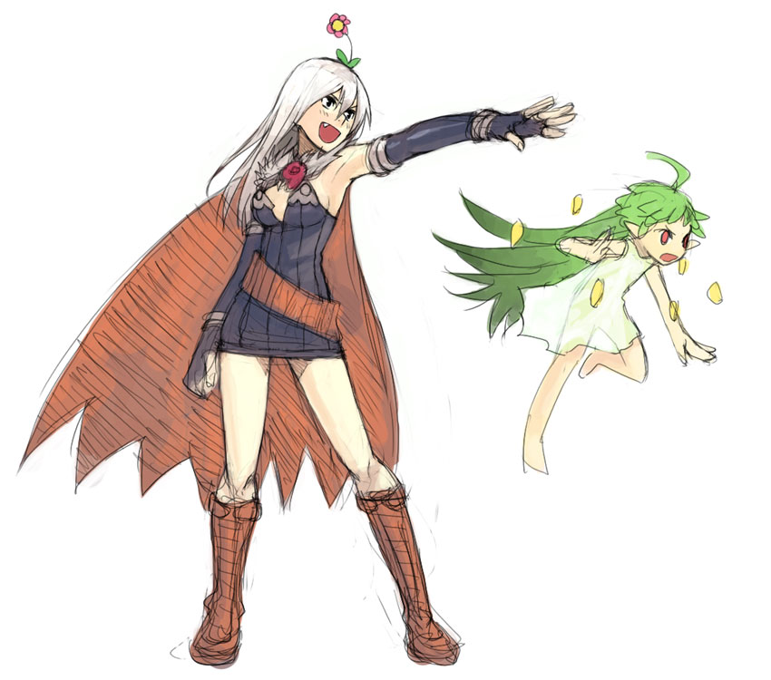 2girls alchemist alchemist_(ragnarok_online) black_gloves boots bridal_gauntlets cape dress elbow_gloves fang flower flower_on_head gloves green_hair knee_boots lif_(lif_&amp;_ref) lif_(ragnarok_online) multiple_girls outstretched_arm ragnarok_online sundress white_hair yu_65026