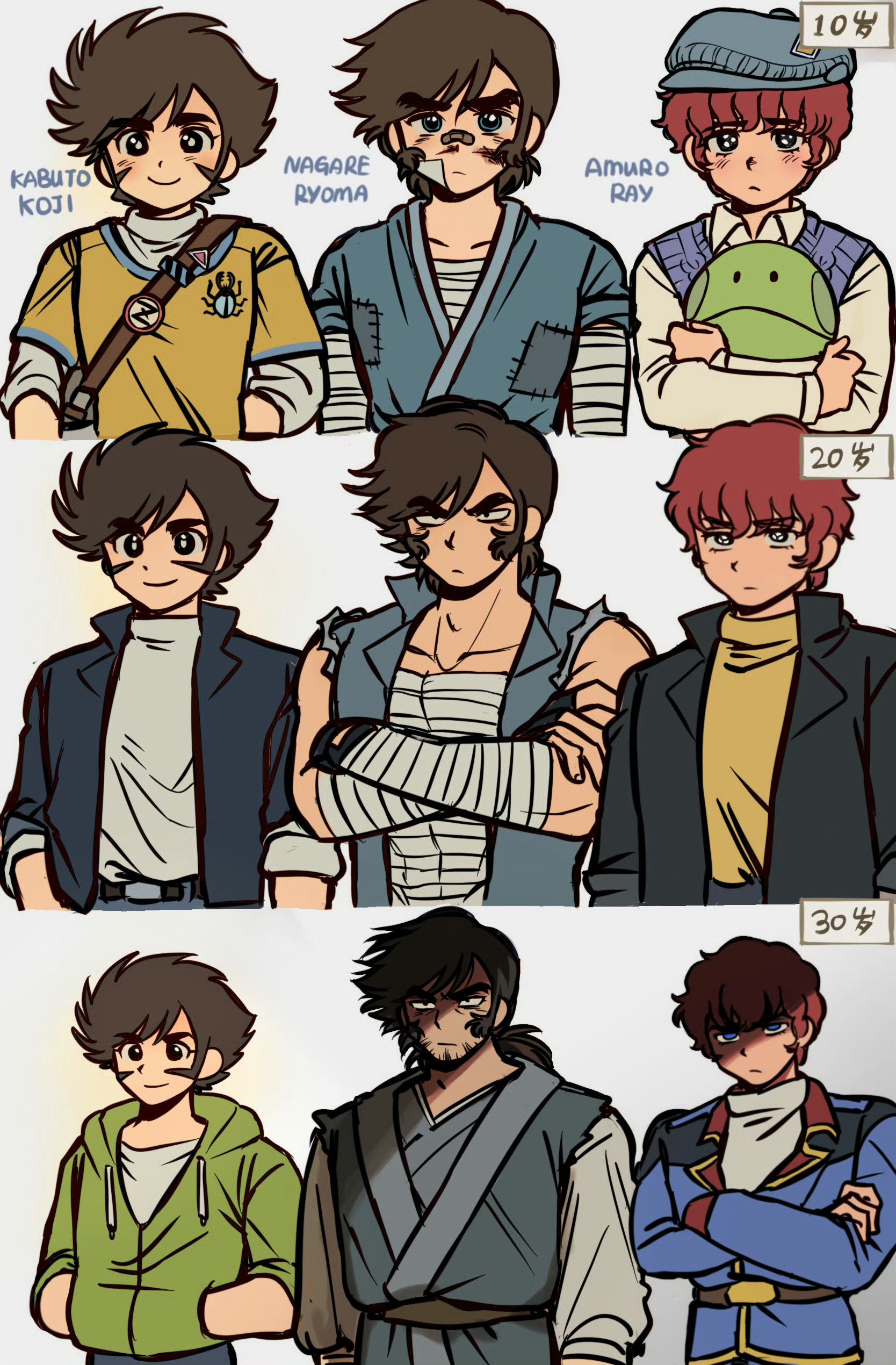 3boys absurdres aged_down amuro_ray angry bandages beard blue_eyes brown_hair char's_counterattack facial_hair getter_robo gundam haro hat highres jacket japanese_clothes justcosmos1 kabuto_kouji looking_at_viewer male_focus mazinger_(series) mazinger_z mazinger_z:_infinity military_uniform mobile_suit_gundam multiple_boys nagare_ryoma new_getter_robo retro_artstyle robot science_fiction shin_getter_robo short_hair smile super_robot_wars zeta_gundam
