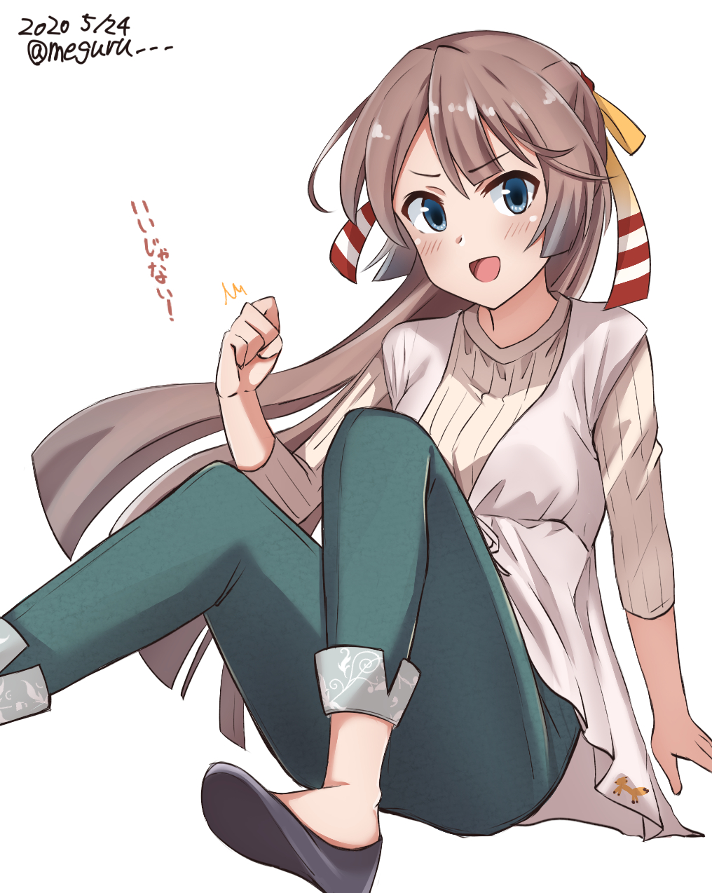 1girl :d alternate_costume black_footwear blue_eyes brown_hair casual clenched_hand dated female_focus foot_out_of_frame green_pants hair_ribbon high_heels highres kantai_collection kazagumo_(kancolle) long_hair looking_at_viewer meguru_(megurunn) one-hour_drawing_challenge open_mouth pants ponytail pumps ribbed_sweater ribbon simple_background sitting smile solo sweater twitter_username white_background white_sweater
