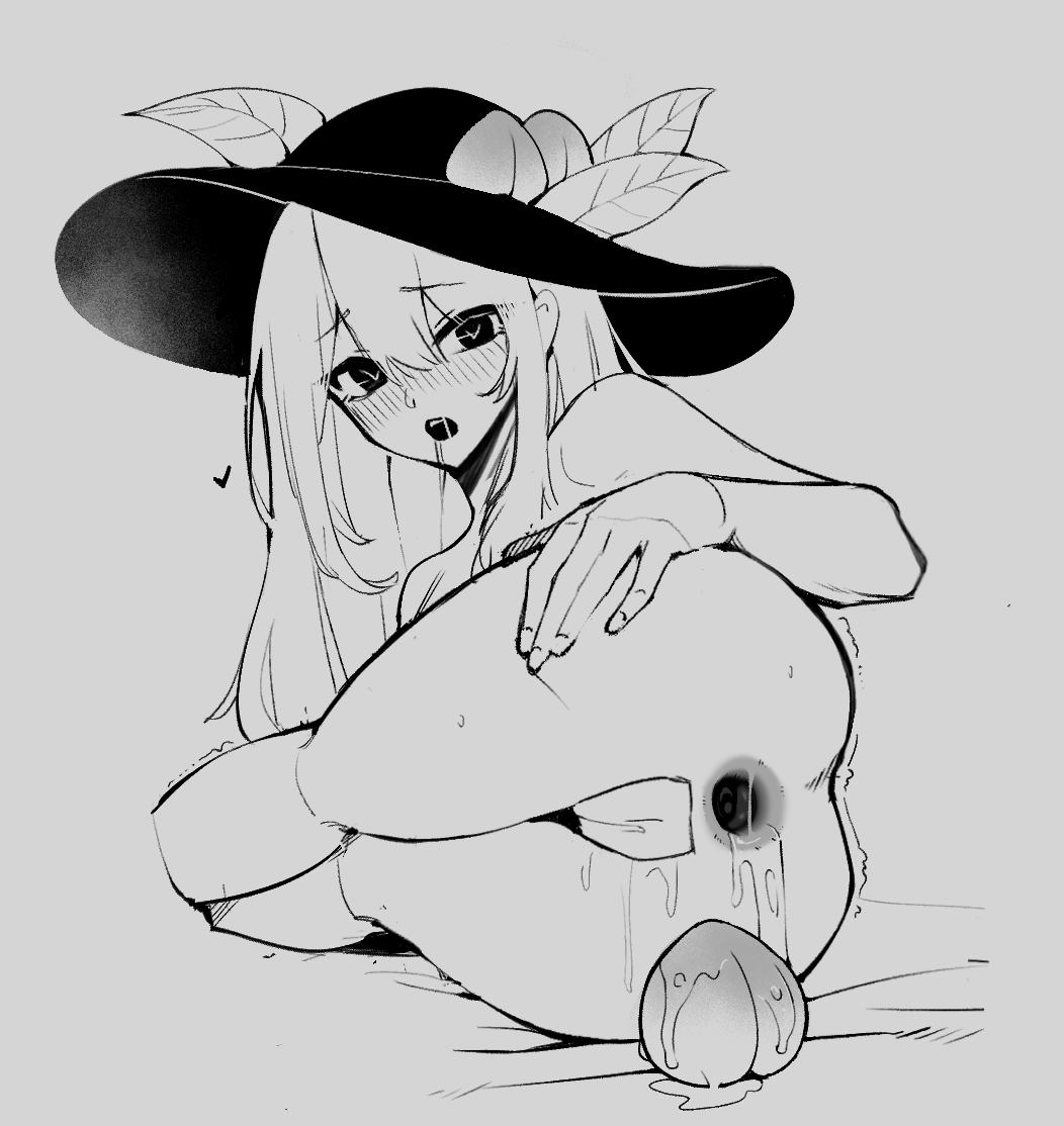 1641_(chfhrtor94) 1girl after_anal anal anal_fluid anus ass ass_focus blush completely_nude covered_pussy crescent food food_in_ass food_insertion from_behind fruit gaping gaping_anus greyscale hat heart heart-shaped_pupils hinanawi_tenshi leaf legs_together long_hair looking_at_viewer looking_back lying maebari monochrome nipples nude object_insertion on_side peach pussy_juice simple_background solo spread_anus spread_ass sweat symbol-shaped_pupils touhou trembling