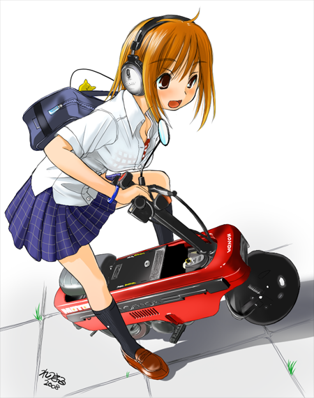 1girl 2008 backpack bag black_socks blue_eyes blue_skirt bra_visible_through_clothes bracelet brown_footwear brown_hair check_translation dated dated_commentary dress_shirt headphones honda_motocompo jewelry kneehighs moped motor_vehicle original retsumaru shirt simple_background skirt socks translation_request white_shirt