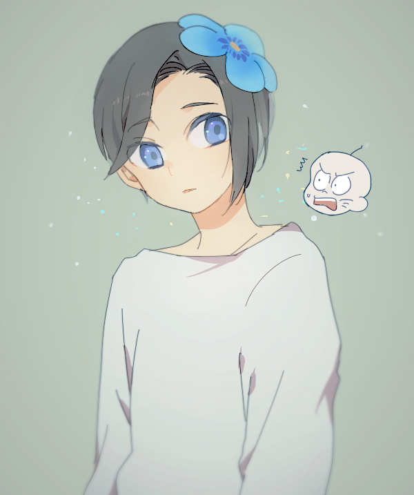 10s 2boys ^^^ blue_eyes chibi chibi_inset chibita flower flower_fairy_(osomatsu-kun) genderswap genderswap_(ftm) gradient_background grey_background hair_flower hair_intakes hair_ornament male_focus multiple_boys newo_(shinra-p) osomatsu-kun osomatsu-san osomatsu_(series) parted_lips plant short_hair simple_background solo_focus upper_body