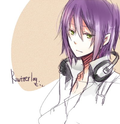 1boy blacksmith_(ragnarok_online) brown_background closed_mouth collared_shirt commentary_request expressionless green_eyes hair_between_eyes headphones headphones_around_neck long_bangs looking_at_viewer lowres male_focus pointy_ears purple_hair ragnarok_online shirt short_hair solo upper_body wane_(ruki) white_background white_shirt