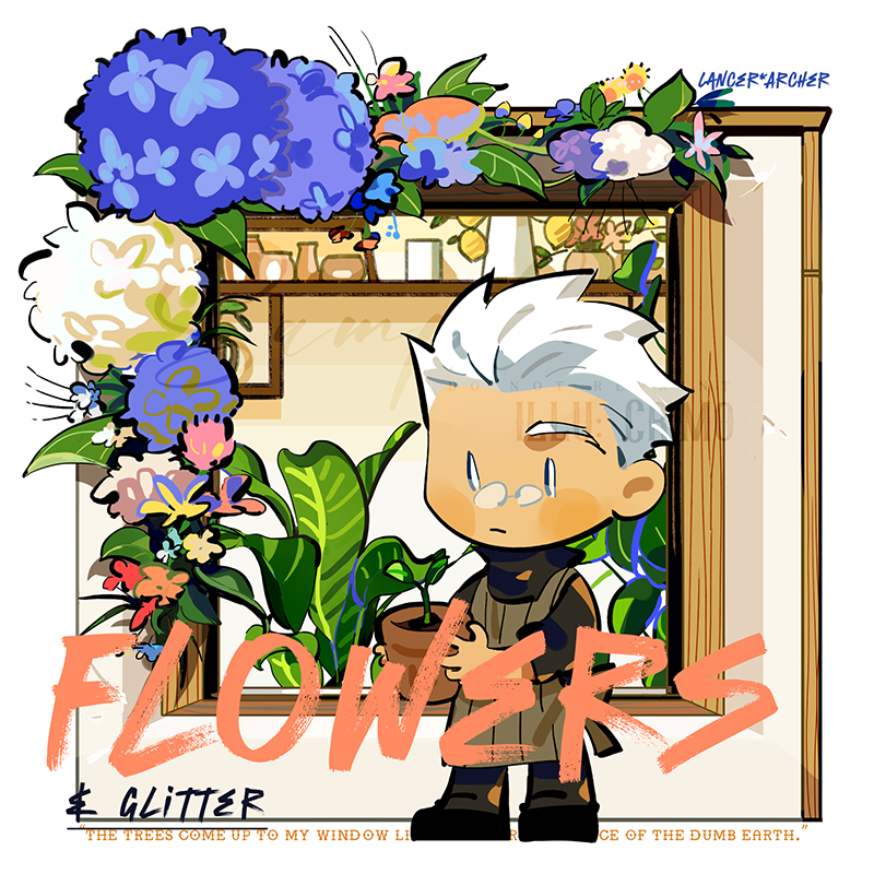 1boy apron archer_(fate) black_footwear black_shirt border chibi chibi_only closed_mouth commentary crimo english_text fate/stay_night fate_(series) flower flower_pot flower_shop full_body glasses holding holding_flower_pot hydrangea male_focus no_nose picture_frame shirt shop short_hair solo sprout striped_apron striped_clothes turtleneck vertical-striped_apron vertical-striped_clothes white_border white_hair