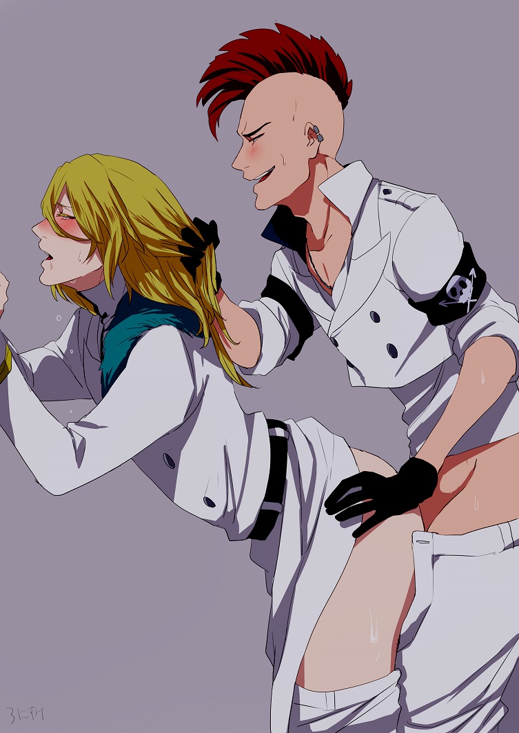 2boys against_wall anal bazz-b blonde_hair jugram_haschwalth male_focus male_penetrated multiple_boys naughty_face red_hair ronisuke sex tagme yaoi