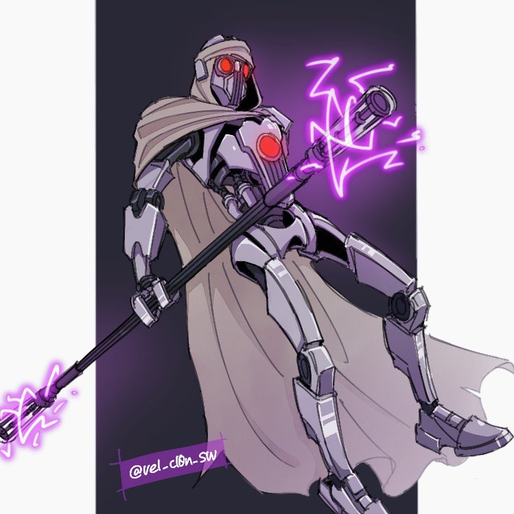 artist_name cloak electrostaff glowing glowing_eyes grey_cloak holding holding_staff holding_weapon hood hooded_cloak ig-100_magnaguard red_eyes robot solo staff star_wars vel_cl0n_sw weapon