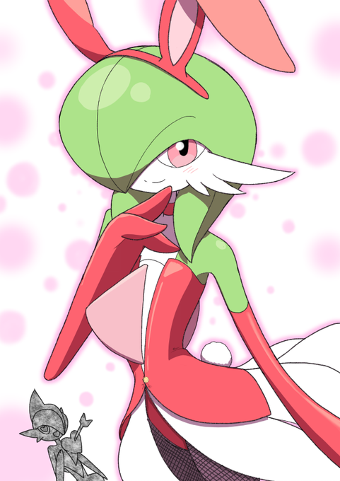 animal_ear_headband animal_ears arrow_through_heart bad_id bad_twitter_id bob_cut choker clothed_pokemon colored_skin detached_sleeves dress fake_animal_ears fishnet_pantyhose fishnets gallade gardevoir gen_3_pokemon gen_4_pokemon green_hair green_skin hair_over_one_eye heart heart-shaped_eyes looking_at_viewer multicolored_skin nintendo pantyhose pink_eyes pokemon pokemon_(creature) rabbit_ears rabbit_tail red_choker smile tail tasapi two-tone_skin white_dress white_skin