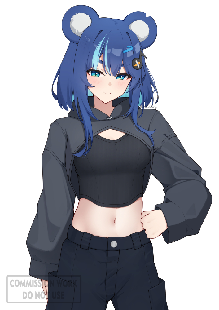 1girl animal_ears bear_ears bear_girl black_pants blue_hair breasts closed_mouth commission fortissimo fujikura_uruka grey_shrug hair_ornament hand_on_own_hip hood hood_down hooded_shrug midriff multicolored_hair musical_note musical_note_hair_ornament navel pants phase_connect shrug_(clothing) smile solo streaked_hair vgen_commission virtual_youtuber watermark white_background xsan_vanny
