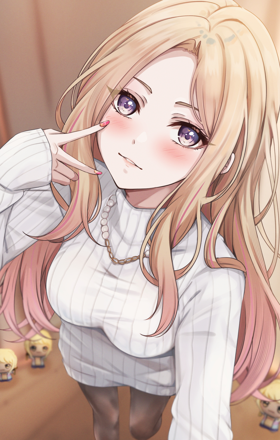 1girl blonde_hair blush breasts brown_pantyhose character_doll curtained_hair doll dress fingernails forehead fujita_kotone fumo_(doll) gakuen_idolmaster highres idolmaster indoors jewelry juo_sena long_hair long_sleeves looking_at_viewer medium_breasts nail_polish necklace pantyhose purple_eyes ribbed_sweater solo sweater sweater_dress very_long_hair white_dress yuzuyu_(hyui)