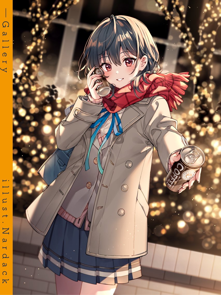 1girl artist_name asanagi_umi bag brown_hair can class_de_2-banme_ni_kawaii_onnanoko_to_tomodachi_ni_natta cowboy_shot cowlick dutch_angle grin holding holding_can jacket lapels light_bulb merry_christmas nardack neck_ribbon night open_clothes open_jacket pleated_skirt pov red_eyes ribbon scarf second-party_source short_hair skirt smile solo sweater tree