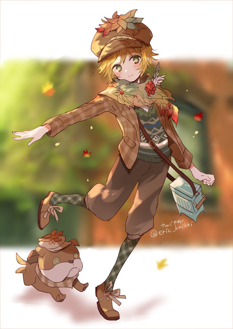 1boy bag blonde_hair blue_bag blurry blurry_background blush brown_jacket brown_pants dog eric_knikki full_body ginkgo_leaf green_eyes identity_v jacket leaf long_sleeves looking_at_viewer male_focus official_alternate_costume outstretched_arm pants plaid_clothes plaid_jacket plaid_legwear satchel scarf short_hair smile solo sweater_vest symbol-shaped_pupils twitter_username victor_grantz victor_grantz_(autumn_reverie) wick_(identity_v) yellow_pupils