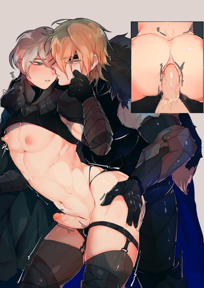 2boys abs anal anus armor ass black_armor black_gloves blonde_hair byebyefr0g byefrog male_byleth_(fire_emblem) cape dimitri_alexandre_blaiddyd erection fire_emblem fire_emblem:_three_houses gloves green_hair holding_detached_head legwear_garter male_ass male_focus male_penetrated multiple_boys muscular navel nintendo nipples pectorals penis sex shiny_anus standing standing_sex tagme teacher_and_student thighhighs thighs toned toned_male toned_stomach trembling yaoi