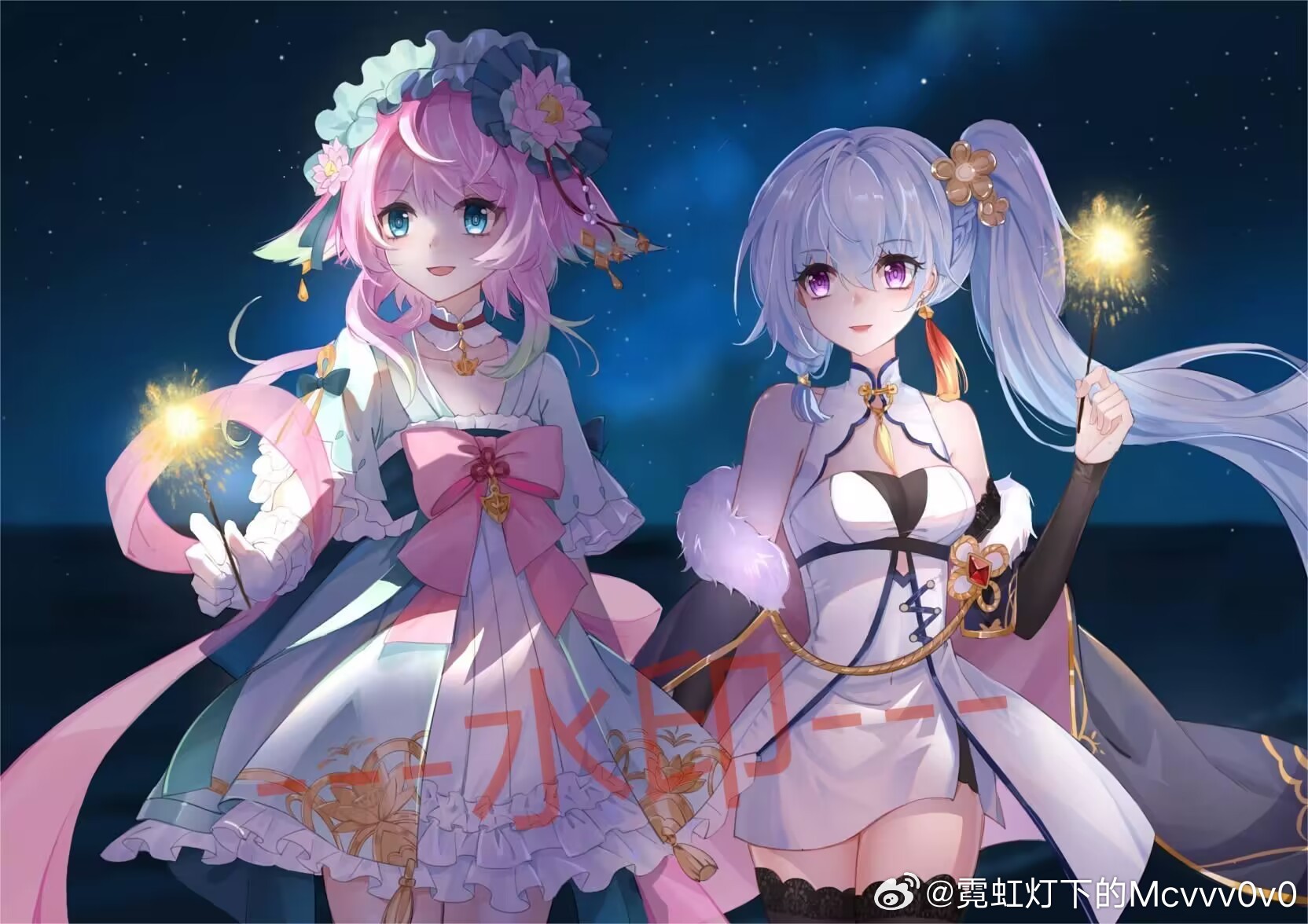 2girls anshan_(warship_girls_r) aqua_eyes blue_eyes blue_hair breasts chinese_clothes chinese_text cleavage dress earrings fireworks flower gradient_hair green_hair hair_flaps hair_ornament hanfu highres holding holding_fireworks jewelry jinan_(warship_girls_r) light_blue_hair long_hair low-tied_sidelocks multicolored_hair multiple_girls night night_sky nihongdengxiade_mcvvv0v0 official_alternate_costume open_mouth pink_eyes pink_hair purple_eyes qixiong_ruqun ruqun short_hair side_ponytail sidelocks single_sidelock sky smile sparkler tassel tassel_earrings thighhighs warship_girls_r watermark weibo_watermark white_dress white_hair
