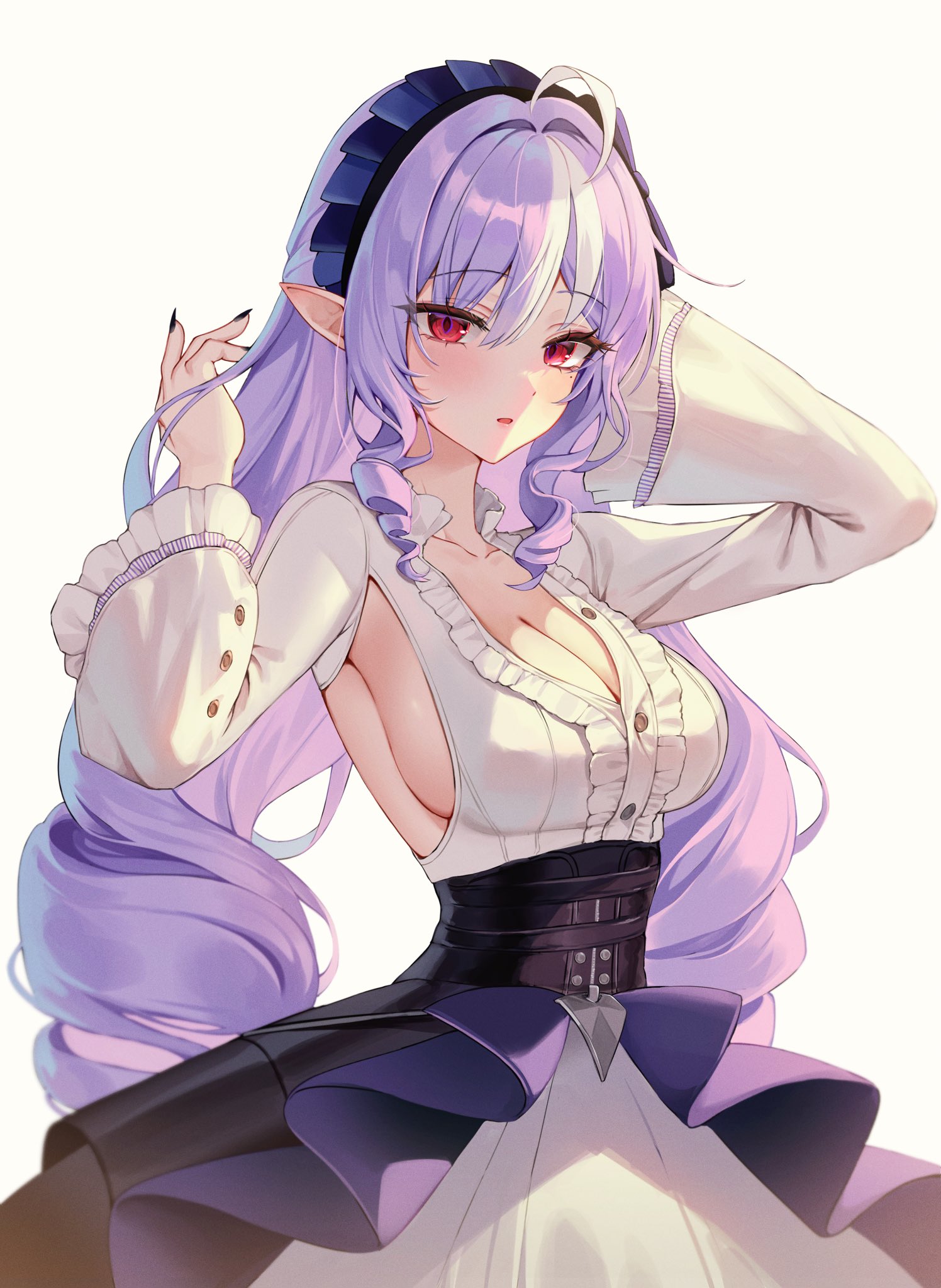 1girl ahoge black_headdress breasts cleavage commentary_request dress highres large_breasts long_hair looking_at_viewer mole mole_under_eye parted_lips pointy_ears purple_hair sideboob simple_background solo soymilk_arts2 very_long_hair vivian_(zenless_zone_zero) white_background white_dress zenless_zone_zero