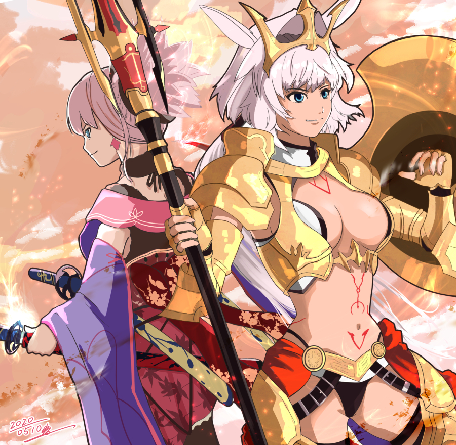 2girls armor blue_eyes breasts caenis_(fate) caenis_(third_ascension)_(fate) cleavage dated detached_sleeves fate/grand_order fate_(series) holding holding_polearm holding_spear holding_weapon medium_breasts miyamoto_musashi_(fate) miyamoto_musashi_(third_ascension)_(fate) multiple_girls polearm shield short_hair smile spear sword tattoo weapon white_hair yuruyume1224