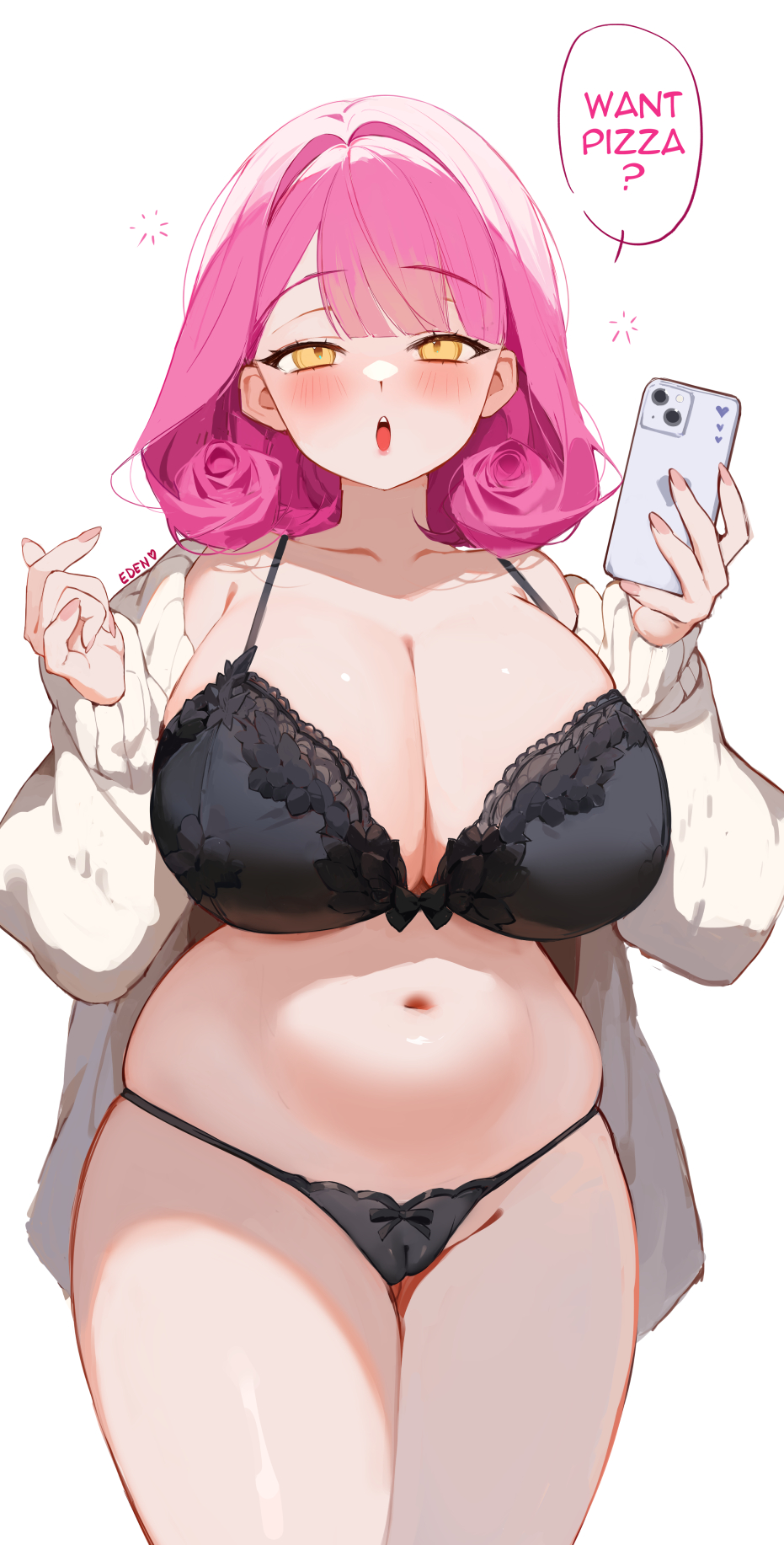 1girl :o black_bra black_panties blush bra breasts cameltoe cardigan cellphone cleavage collarbone commentary eden_(shiroki_yuutsu) english_commentary english_text fingernails flower-shaped_hair highres holding holding_phone huge_breasts long_sleeves looking_at_viewer medium_hair nail_polish navel open_cardigan open_clothes open_mouth original panties phone pink_hair pink_nails plump simple_background smartphone solo speech_bubble squeans stomach teeth thighs underwear upper_teeth_only vanilla_(eden_(shiroki_yuutsu)) white_background white_cardigan yellow_eyes