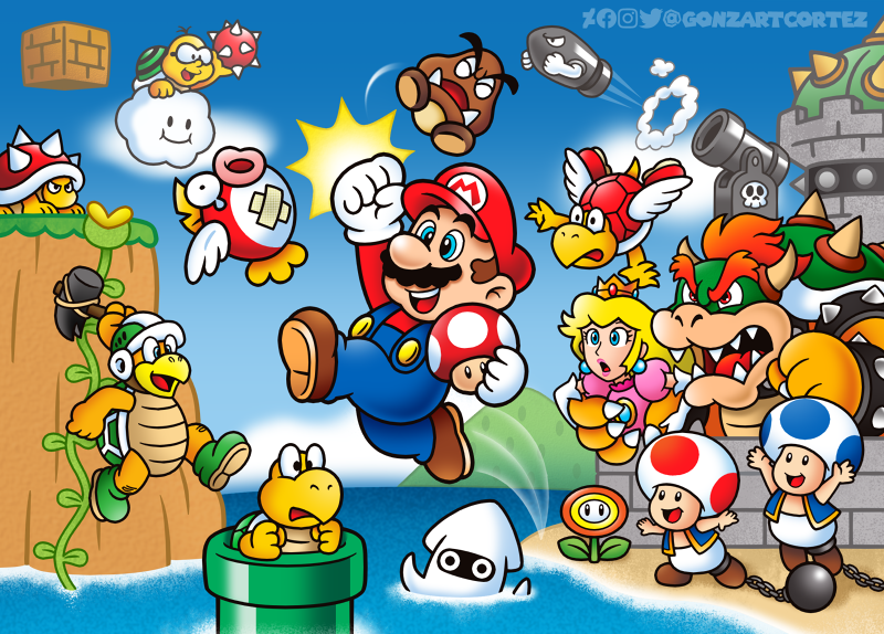 1boy 1girl 6+others bill_blaster blooper_(mario) blue_eyes blue_sky bowser brick_block bullet_bill cheep_cheep claws crown dress fire_flower gloves goomba grin hammer hammer_bro hammer_bro horns jumping koopa_paratroopa koopa_troopa lakitu mario mario_(series) multiple_others nintendo overalls pink_dress princess_peach punching red_hair sky smile spikes spiny spiny_egg super_mario_bros._1 super_mushroom toad_(mario) warp_pipe water wings