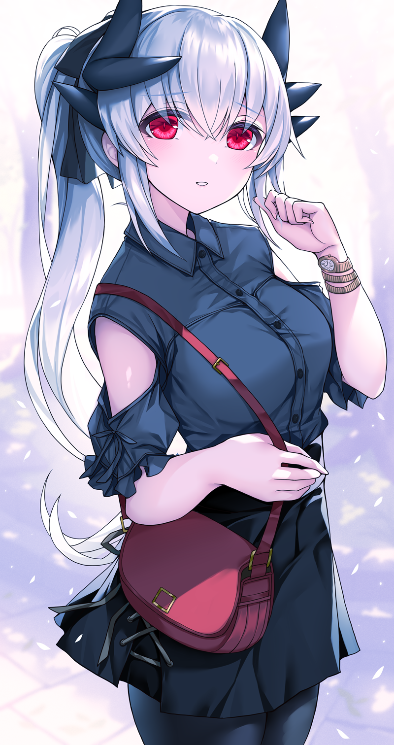 1girl alternate_costume bag black_pantyhose black_shirt black_skirt blush breasts collared_shirt crossed_bangs dragon_girl dragon_horns fate/grand_order fate_(series) hand_up highres horns kiyohime_(fate) large_breasts long_hair looking_at_viewer morizono_shiki outdoors pantyhose parted_lips ponytail red_bag red_eyes shirt skirt smile solo white_hair