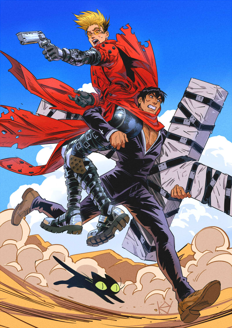 2boys agl_arms_.45_long_colt belt black_cat black_gloves black_pants black_shirt blonde_hair break-action_revolver brown_footwear carrying carrying_over_shoulder cat chest_hair clenched_teeth coat cross dust facial_hair gloves gun handgun holding holding_gun holding_weapon kaysd999 kuroneko_(trigun) low_bore_axis_revolver male_focus multiple_belts multiple_boys nicholas_d._wolfwood open_mouth orange-tinted_eyewear outdoors pants pectoral_cleavage pectorals red_coat revolver running shirt short_hair sparse_chest_hair sparse_stubble stubble teeth thigh_belt thigh_strap tinted_eyewear trigun undercut vash_the_stampede weapon