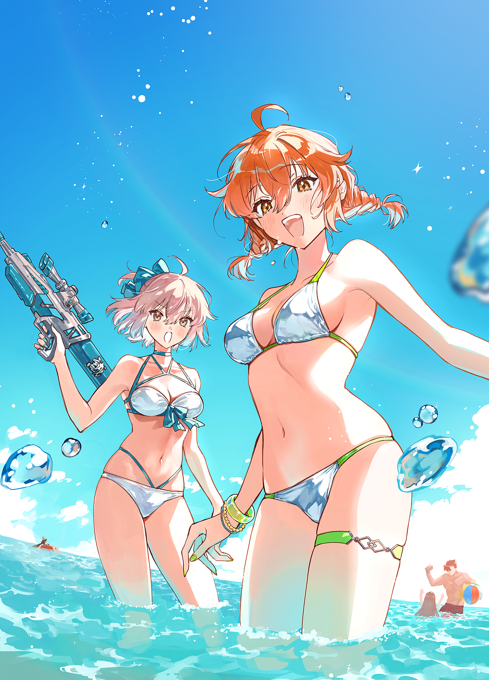 1boy 4girls ahoge ball bare_shoulders beachball bikini black_hair blush bracelet braid breasts brown_hair chacha_(fate) cleavage collarbone fate/grand_order fate_(series) fujimaru_ritsuka_(female) green_nails highres jewelry looking_at_viewer medium_breasts mori_nagayoshi_(fate) multiple_girls navel ocean oda_nobunaga_(fate) okita_j._souji_(fate) okita_j._souji_(third_ascension)_(fate) okita_souji_(fate) open_mouth orange_eyes orange_hair pink_hair red_hair smile swimsuit thigh_strap thighs twin_braids uni_(nico02) wading water_gun white_bikini