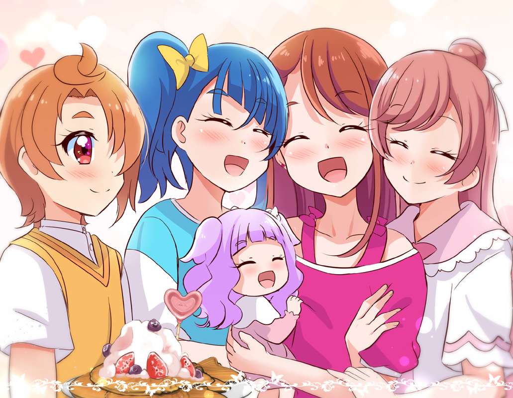 1boy 4girls asymmetrical_bangs birthday blue_shirt blueberry bow brown_hair carrying child child_carry closed_eyes closed_mouth collared_dress commentary_request cream cut_bangs dress ellee-chan food fruit group_hug hair_bow hair_bun hair_over_one_eye hair_ribbon hijiri_ageha hirogaru_sky!_precure holding holding_food hug long_hair looking_at_another medium_hair mitumi_mira multiple_girls nijigaoka_mashiro off-shoulder_shirt off_shoulder open_mouth orange_hair partial_commentary pink_hair pink_shirt precure purple_eyes raglan_sleeves red_eyes ribbon shirt short_hair short_sleeves side_ponytail single_hair_bun single_sidelock smile sora_harewataru strawberry sweater_vest t-shirt two_side_up white_ribbon white_shirt yellow_bow yellow_sweater_vest yuunagi_tsubasa