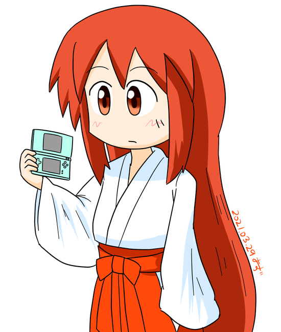 1girl artist_name brown_eyes brown_hair dated expressionless female_focus handheld_game_console holding holding_handheld_game_console japanese_clothes long_hair miko nintendo_ds nintendo_ds_lite original osuzu_(osuzu3276) solo very_long_hair white_background