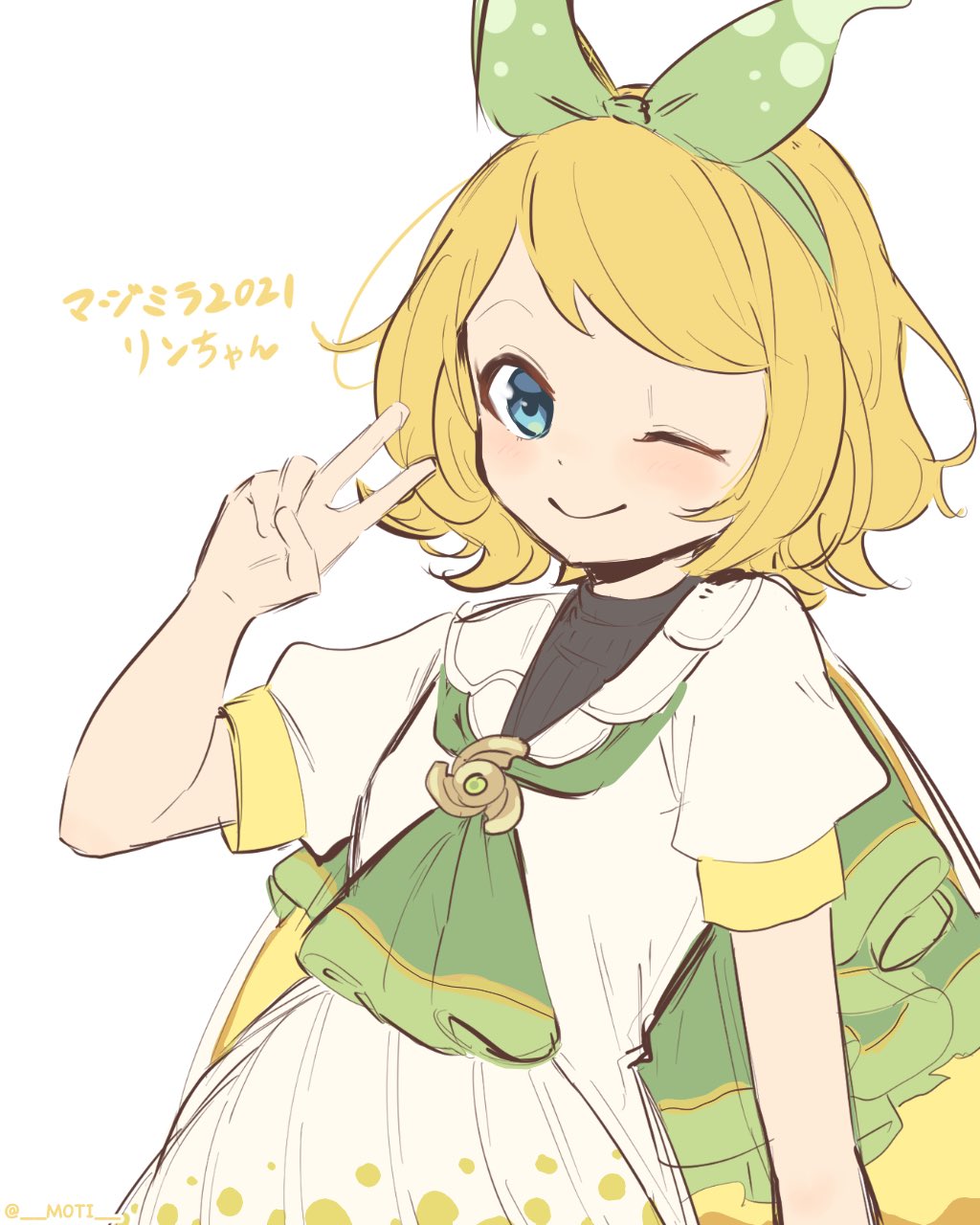 1girl aqua_eyes blonde_hair bow cape character_name commentary copyright_name dress green_bow green_neckerchief hair_bow highres kagamine_rin light_blush looking_at_viewer m0ti magical_mirai_(vocaloid) magical_mirai_rin magical_mirai_rin_(2021) neckerchief one_eye_closed short_hair smile solo upper_body vocaloid white_background white_dress