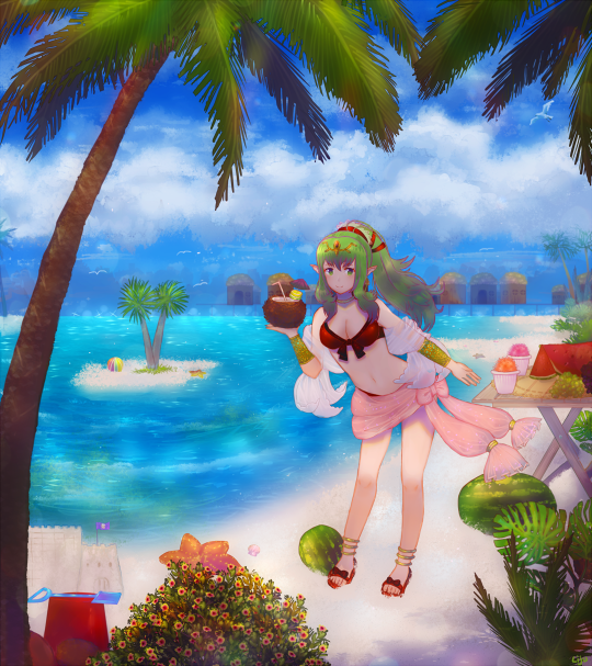 1girl bad_id bad_twitter_id beach bikini coconut coconut_tree day female_focus fire_emblem fire_emblem_awakening fire_emblem_heroes green_hair high_heel_sandals high_heels lijupy looking_at_viewer nintendo ocean palm_tree pointy_ears red_heels sand_castle sand_sculpture sandals smile solo swimsuit tiki_(fire_emblem) tree