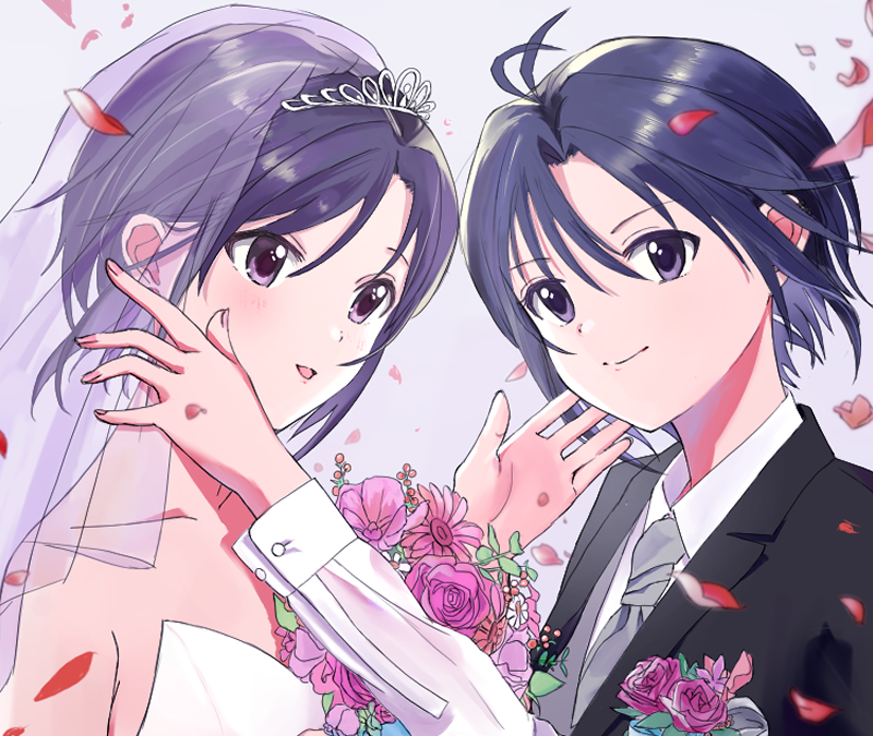 black_hair bridal_veil dress formal_clothes grey_background idolmaster idolmaster_(classic) kikuchi_makoto looking_at_viewer necktie petals purple_eyes rose_petals ryuuboku_(stapler2355) simple_background suit veil wedding_dress