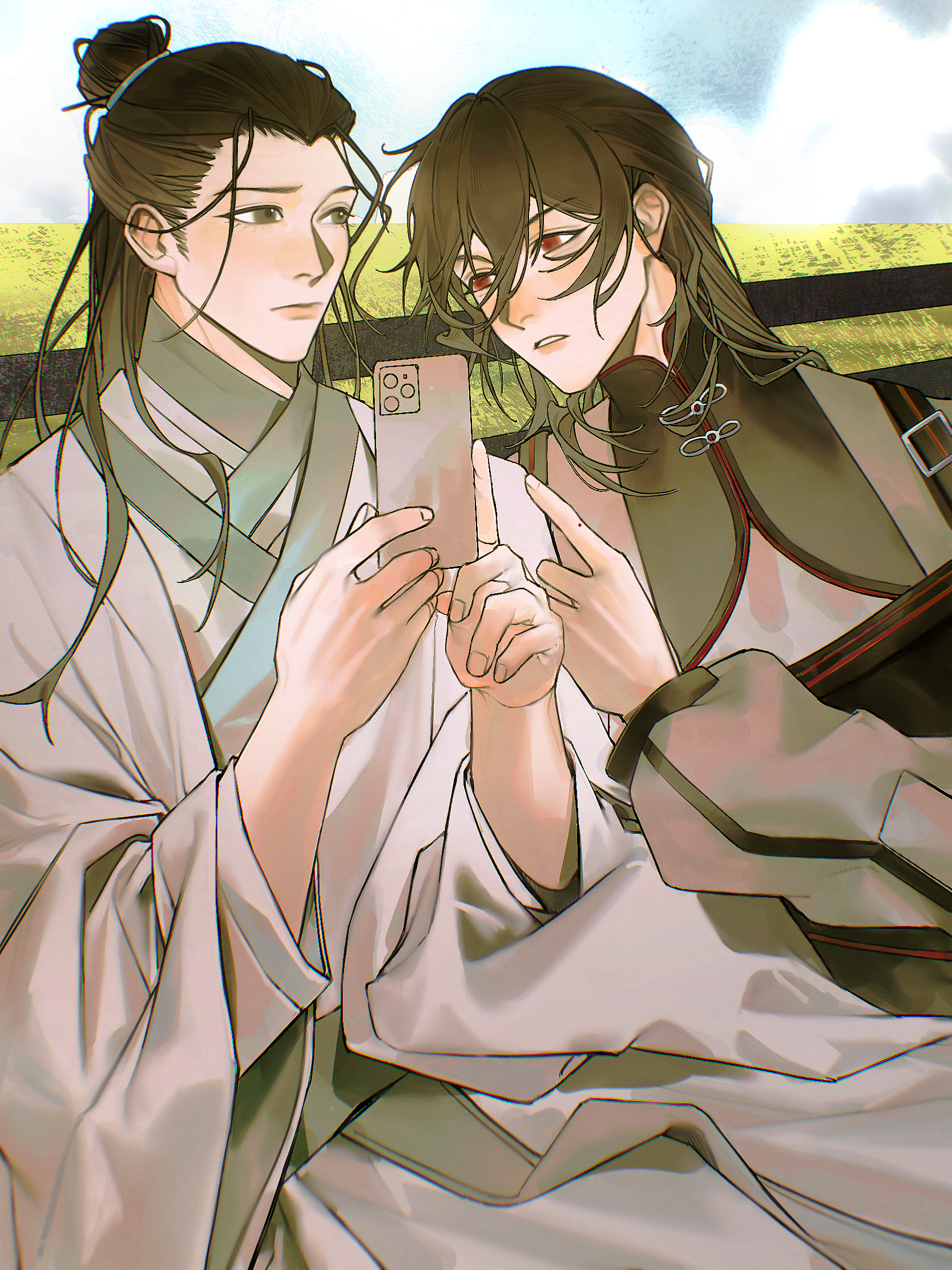 2boys alternate_costume artist_request bishounen black_dress black_hair blue_sky brown_eyes brown_hair cellphone china_dress chinese_clothes chinese_commentary cleavage_cutout closed_mouth clothing_cutout cloud commission dao_gui_yi_xian day dress hair_between_eyes hair_bun half_updo hanfu highres holding holding_phone li_huowang long_hair long_sleeves looking_at_another male_focus multiple_boys open_mouth outdoors phone red_eyes robe second-party_source single_hair_bun sitting sky smartphone white_hanfu white_robe wide_sleeves yaoi zhuge_yuan