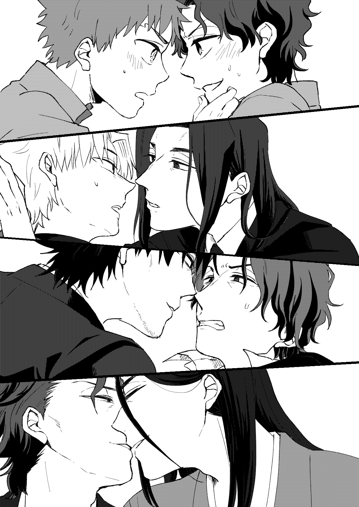 6+boys aged_down berserker_(fate/zero) closed_eyes emiya_kiritsugu fate/stay_night fate/zero fate_(series) formal_clothes gakuran greyscale highres imminent_kiss lancelot_(fate/zero) long_hair matou_byakuya matou_kariya matou_shinji matou_zouken monochrome multiple_boys ronpaxronpa school_uniform short_hair spoilers suit tohsaka_nagato yaoi