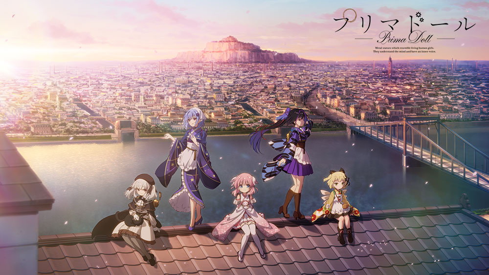 5girls apron beret black_cape black_footwear black_hair black_headwear blonde_hair blue_eyes blue_hair blue_kimono boots brown_footwear cape commentary_request copyright_name detached_sleeves dress flower frilled_kimono frills gekka_(prima_doll) geta hair_flower hair_ornament haizakura_(prima_doll) hat high_heel_boots high_heels houkiboshi_(prima_doll) japanese_clothes karasuba_(prima_doll) key_visual kimono loafers long_hair maid maid_apron multicolored_hair multiple_girls official_art pink_hair pleated_skirt ponytail prima_doll promotional_art purple_kimono purple_skirt red_eyes retzel_(prima_doll) shoes short_hair skirt streaked_hair thighhighs two_side_up wa_maid white_dress white_hair white_kimono wide_shot wide_sleeves yellow_kimono