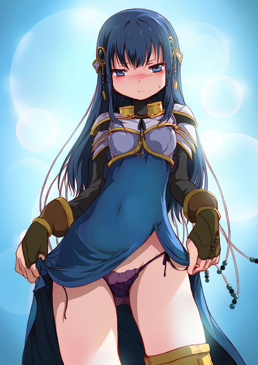 1girl armor black_panties blue_eyes blue_hair blunt_bangs blush breastplate clothes_lift covered_navel dress fingerless_gloves gloves highres long_hair looking_at_viewer magia_record:_mahou_shoujo_madoka_magica_gaiden mahou_shoujo_madoka_magica nanami_yachiyo panties pauldrons shiika_sadamasa shoulder_armor side-tie_panties skirt skirt_lift underwear
